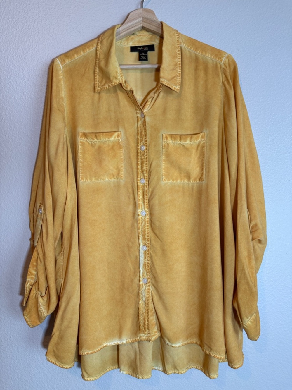 Style & Co SZ 1X Golden Yellow Button Down Top Relaxed Fit Boho Casual Chic